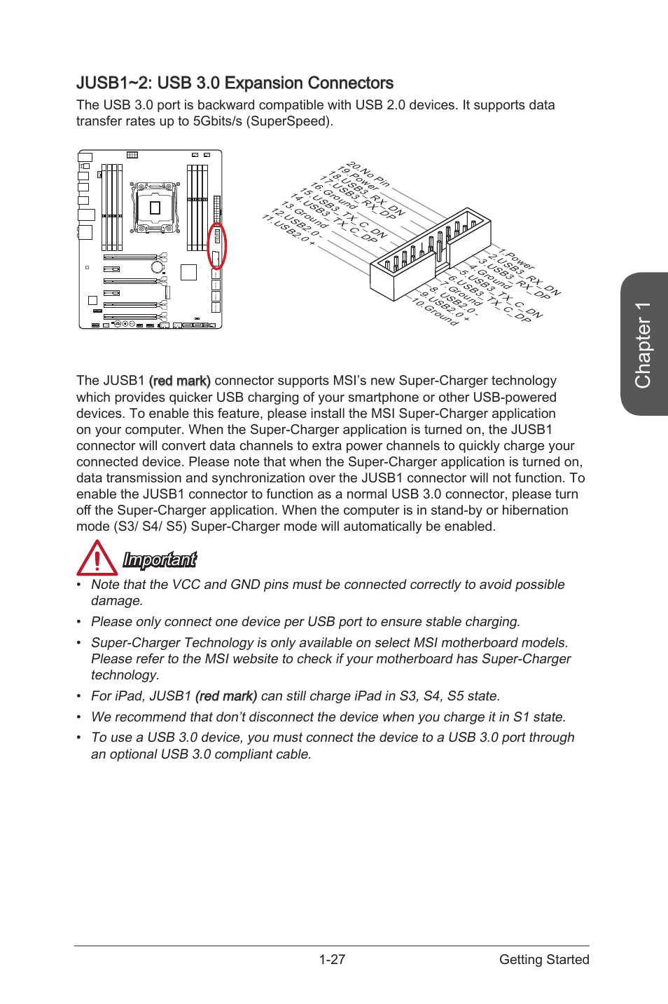 Jusb1~2: usb 3.0 expansion connectors, Jusb1~2: usb 3.0 expansion connectors -27, Jusb1~2 | Usb 3.0 expansion connectors, Chapter 1, Important, 27 getting started | MSI X99S SLI PLUS Manual User Manual | Page 41 / 108