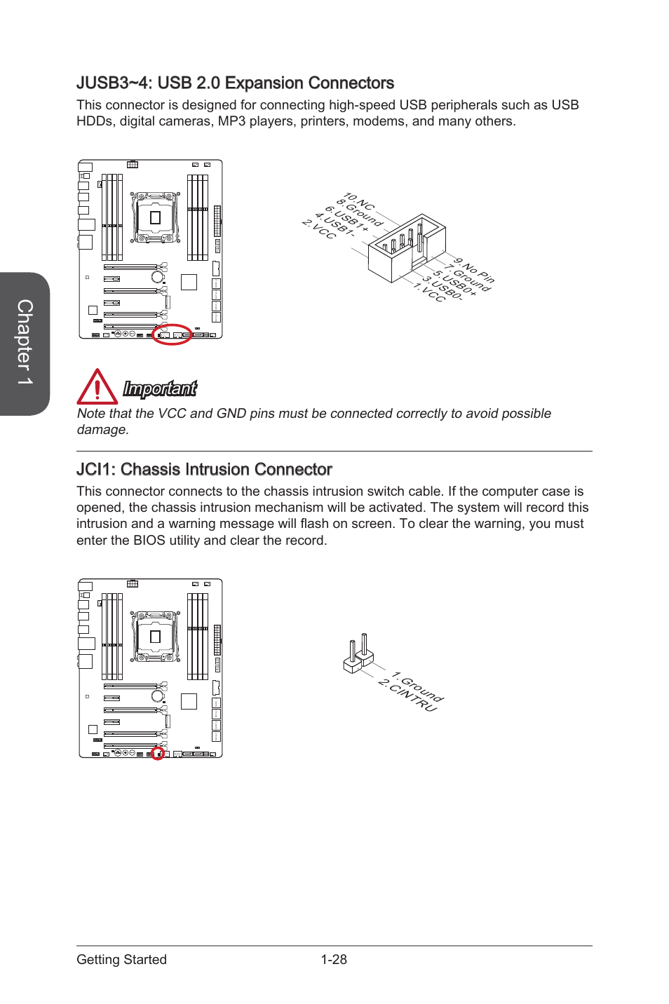 Jusb3~4: usb 2.0 expansion connectors, Jci1: chassis intrusion connector, Jci1 | Chassis intrusion connector, Jusb3~4, Usb 2.0 expansion connectors, Chapter 1, Important, 28 getting started, Cin tru 1.gro und | MSI X99S SLI PLUS Manual User Manual | Page 42 / 108