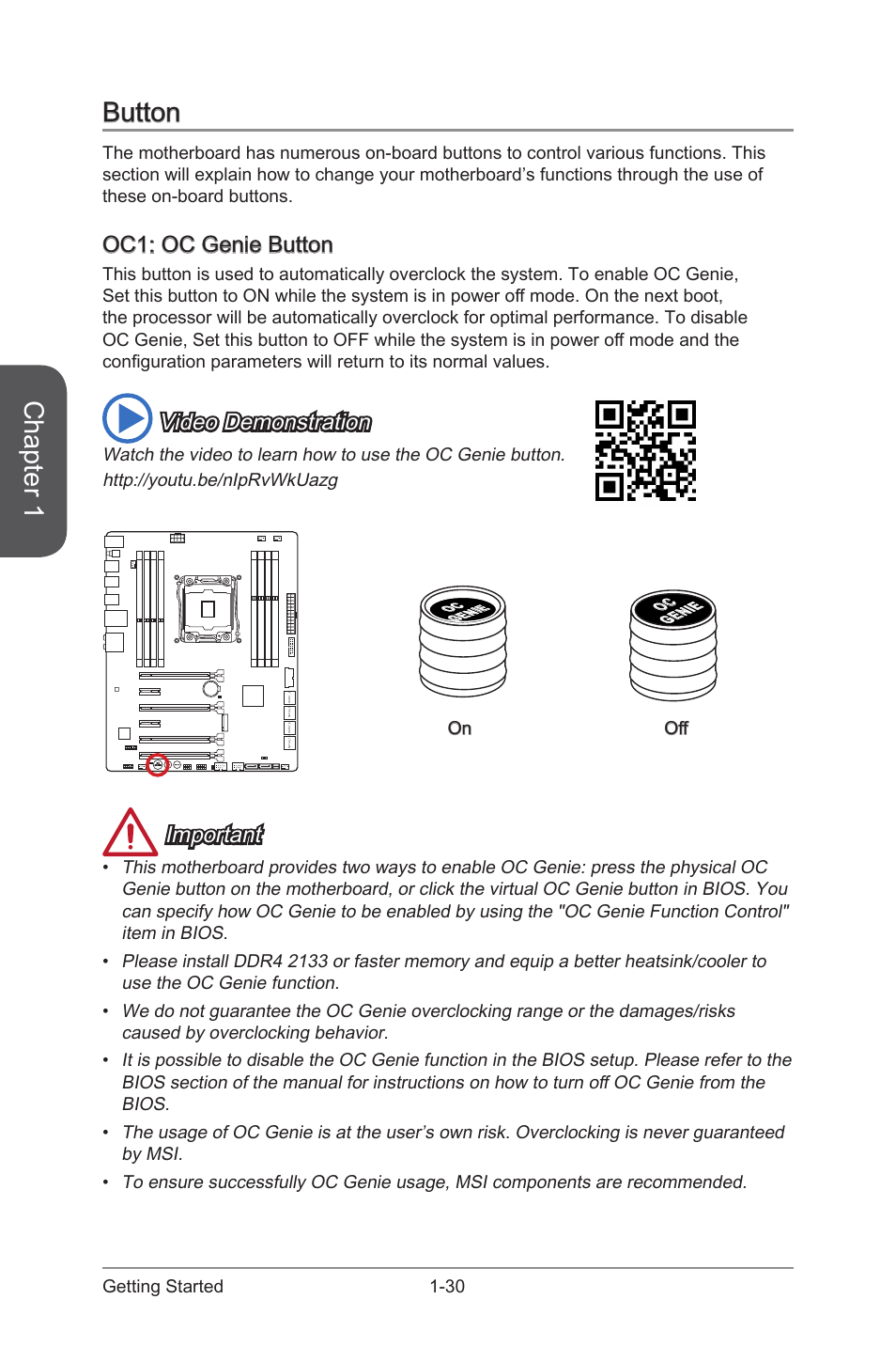 Button, Oc1: oc genie button, Button -30 | Oc1: oc genie button -30, Oc genie button, Chapter 1, Video demonstration, Important, 30 getting started, On off | MSI X99S SLI PLUS Manual User Manual | Page 44 / 108