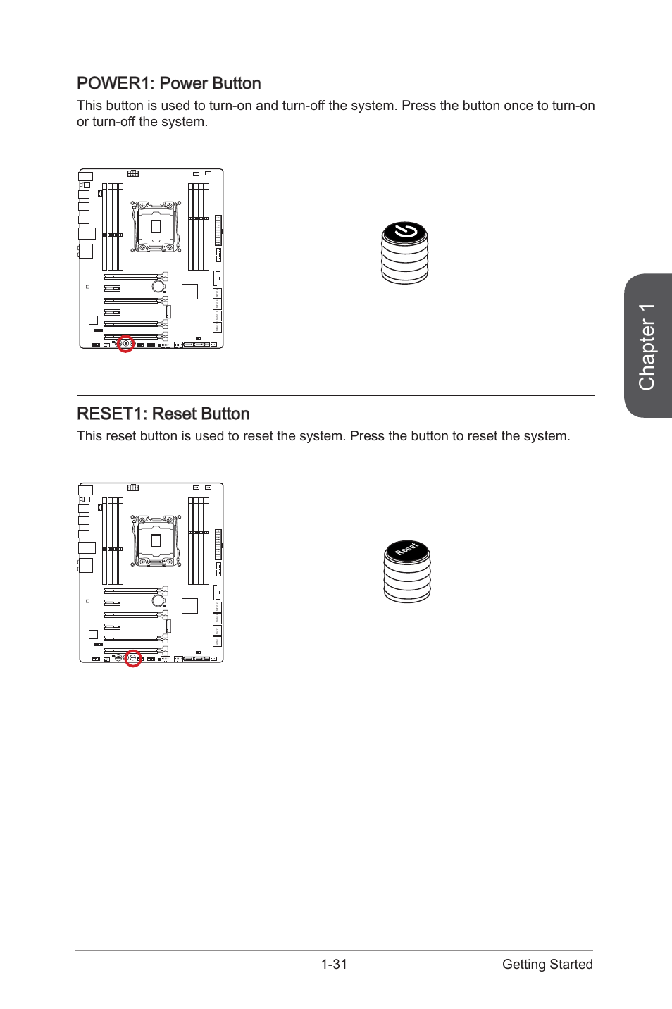 Power1: power button, Reset1: reset button, Power1: power button -31 reset1: reset button -31 | Power1, Power button, Reset1, Reset button, Chapter 1, 31 getting started, Re se t | MSI X99S SLI PLUS Manual User Manual | Page 45 / 108