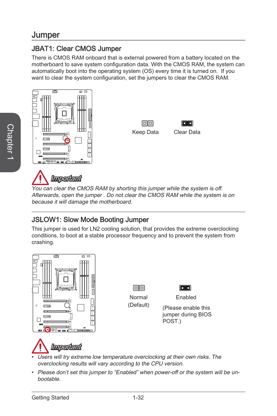 Jumper, Jbat1: clear cmos jumper, Jslow1: slow mode booting jumper | Jumper -32, Jbat1, Clear cmos jumper, Jslow1, Slow mode booting jumper, Chapter 1, Important | MSI X99S SLI PLUS Manual User Manual | Page 46 / 108