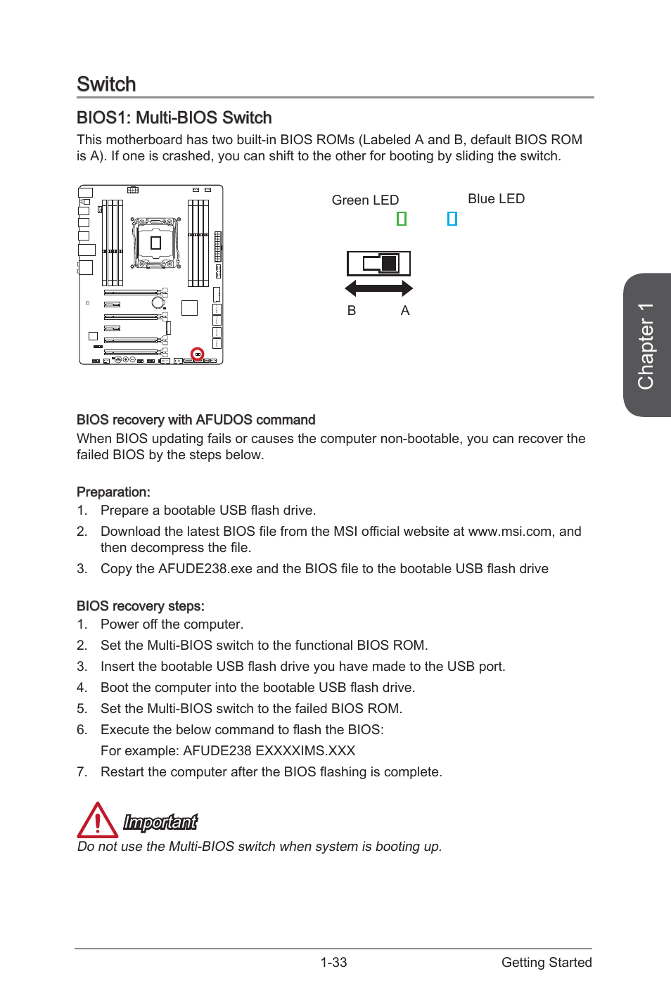 Switch, Bios1: multi-bios switch, Switch -33 | Bios1: multi-bios switch -33, Bios1, Multi-bios switch, Chapter 1, Important, 33 getting started | MSI X99S SLI PLUS Manual User Manual | Page 47 / 108