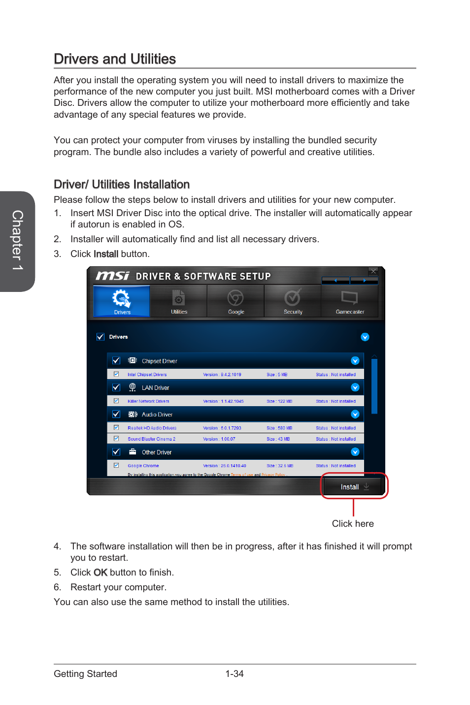 Drivers and utilities, Driver/ utilities installation, Drivers and utilities -34 | Driver/ utilities installation -34, Chapter 1 | MSI X99S SLI PLUS Manual User Manual | Page 48 / 108