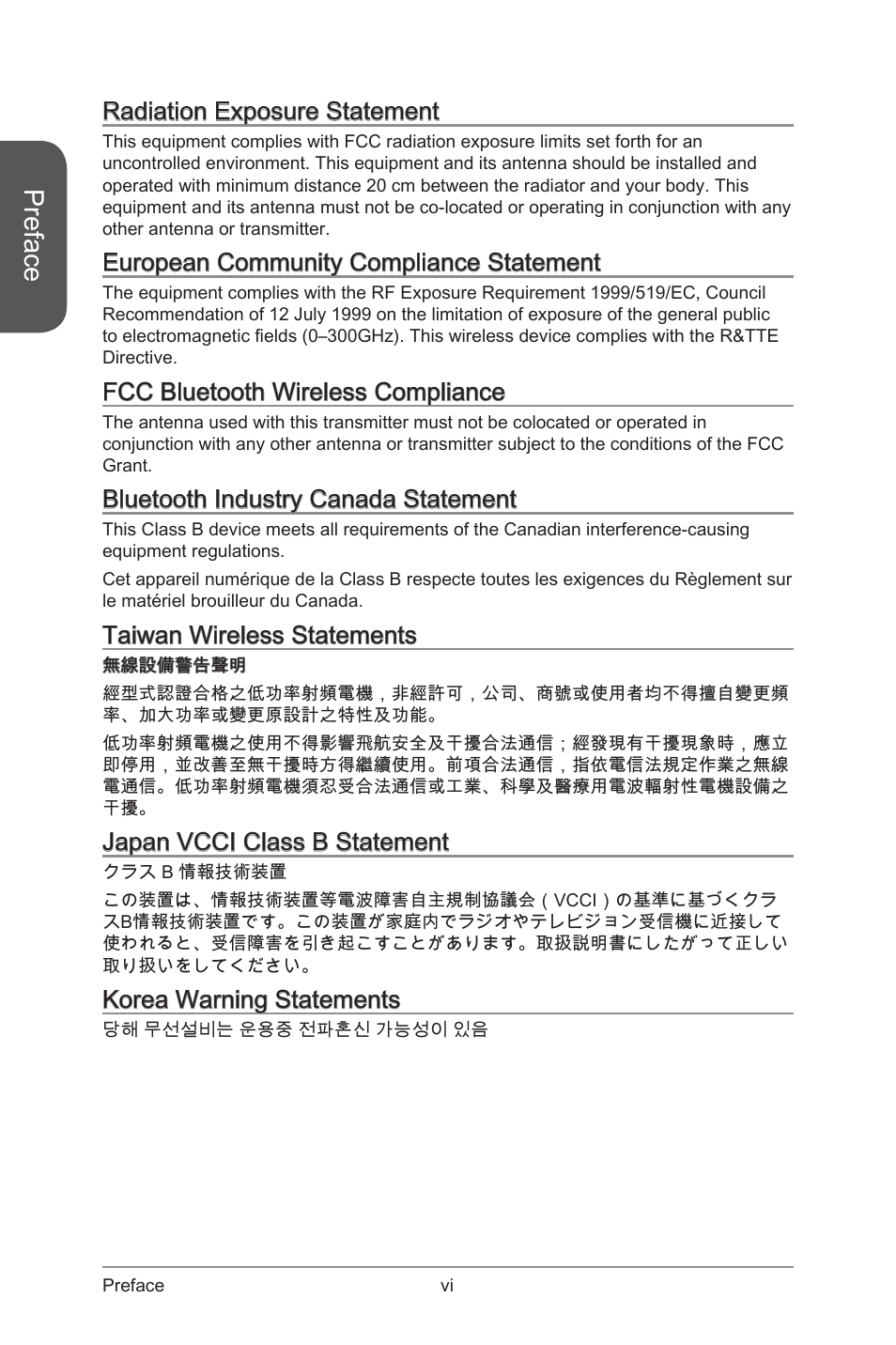 Preface, Radiation exposure statement, European community compliance statement | Fcc bluetooth wireless compliance, Bluetooth industry canada statement, Taiwan wireless statements, Japan vcci class b statement, Korea warning statements | MSI X99S SLI PLUS Manual User Manual | Page 6 / 108