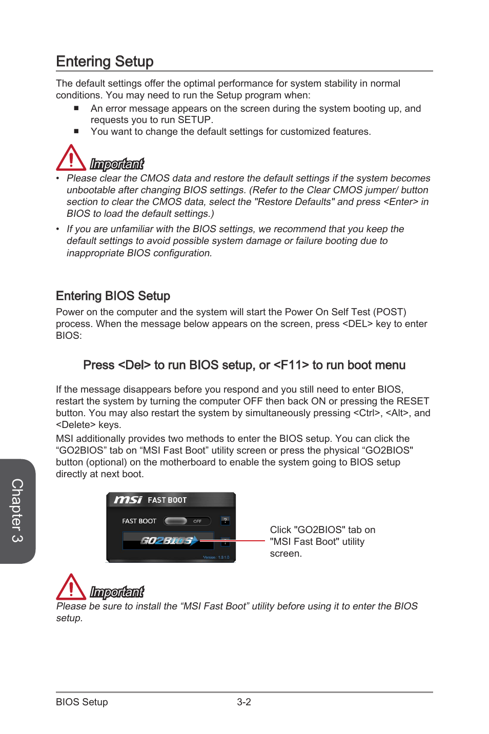 Entering setup, Entering bios setup, Entering setup -2 | Entering bios setup -2, Chapter 3, Important | MSI X99S SLI PLUS Manual User Manual | Page 64 / 108