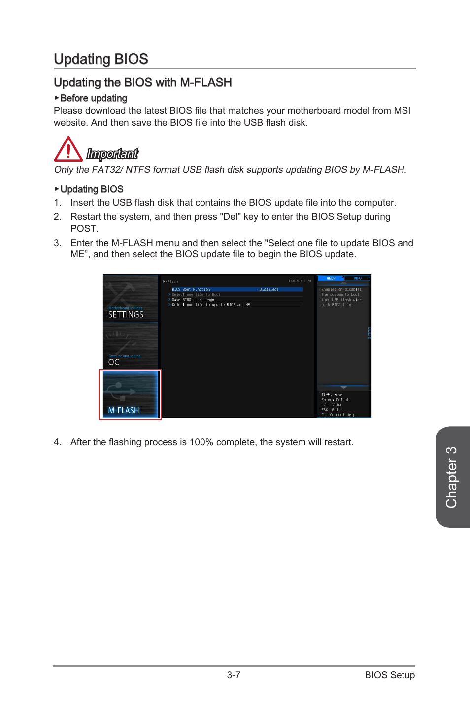 Updating bios, Updating the bios with m-flash, Updating bios -7 | Updating the bios with m-flash -7, Chapter 3, Important | MSI X99S SLI PLUS Manual User Manual | Page 69 / 108