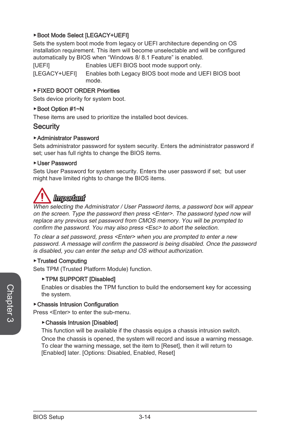 Security, Security -14, Chapter 3 | Important | MSI X99S SLI PLUS Manual User Manual | Page 76 / 108