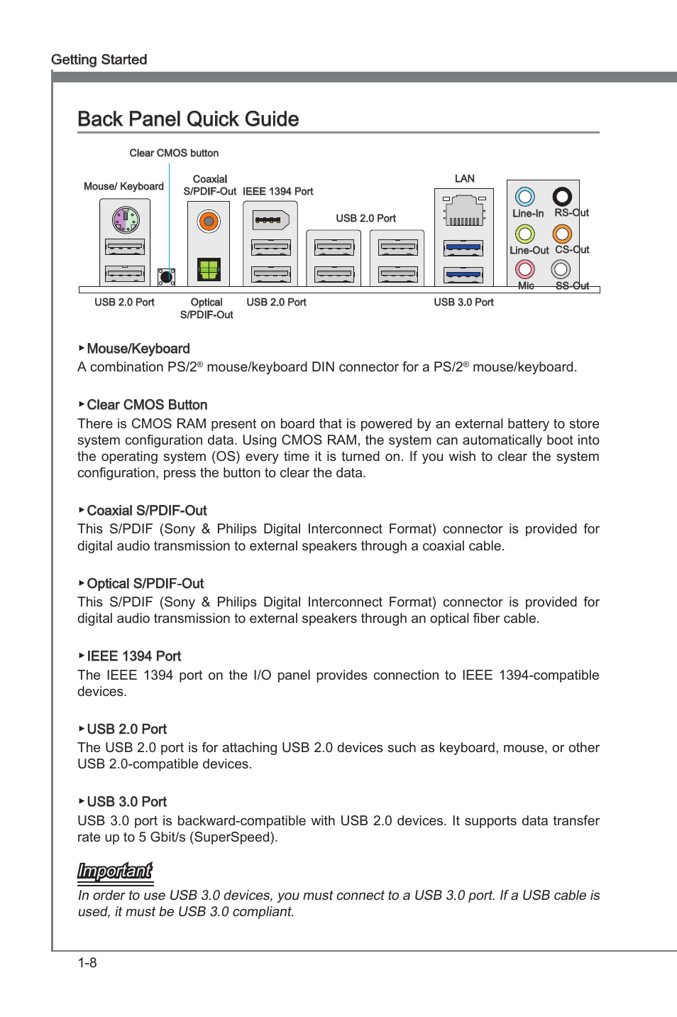 Back panel quck gude -8, Back panel quck gude, Important | MSI X79A-GD65 (8D) User Manual | Page 18 / 90