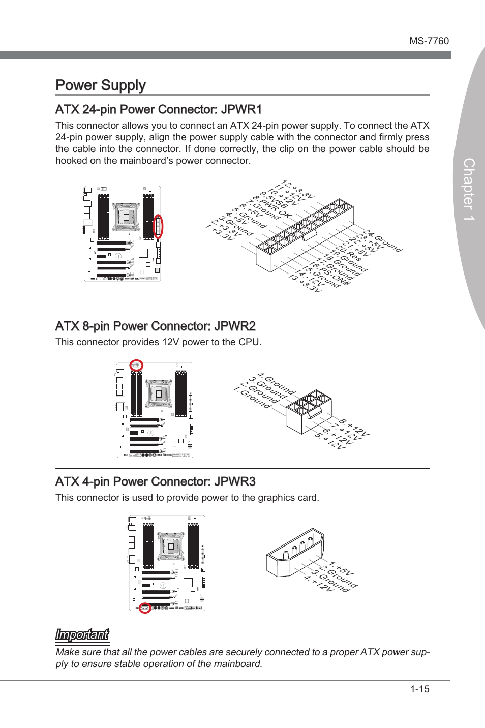 Atx 24-pin power connector: jpwr1, Atx 8-pin power connector: jpwr2, Atx 4-pin power connector: jpwr3 | Power supply -15, Chapter 1 power supply, Atx 24-pn power connector: jpwr1, Atx 8-pn power connector: jpwr2, Atx 4-pn power connector: jpwr3, Important, Ths connector provdes 12v power to the cpu | MSI X79A-GD65 (8D) User Manual | Page 25 / 90