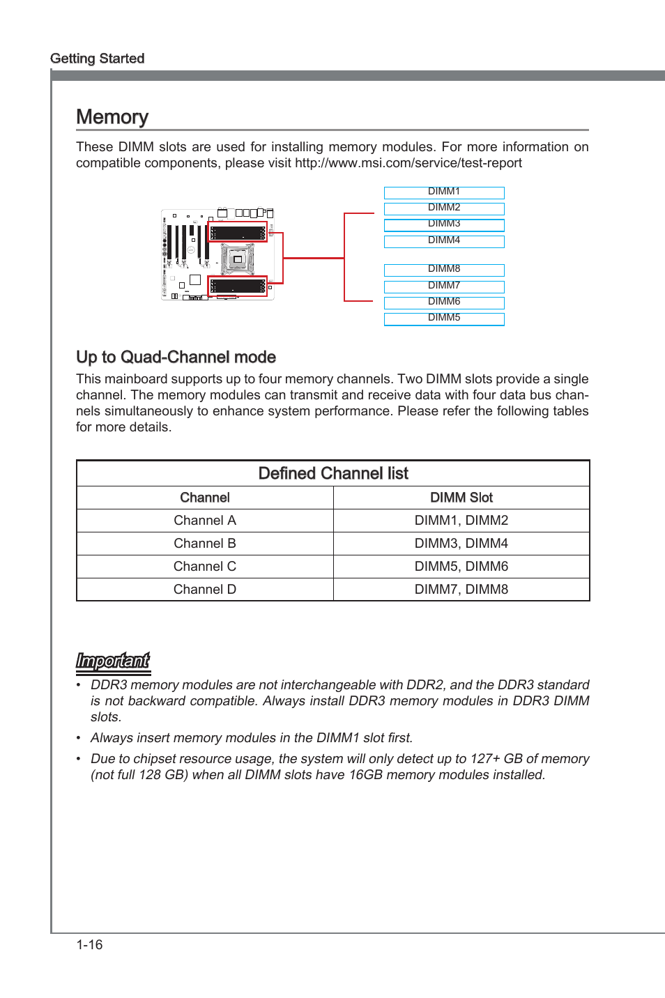 Up to quad-channel mode, Memory -16, Dimm1~8 | Defined channel lst, Important | MSI X79A-GD65 (8D) User Manual | Page 26 / 90