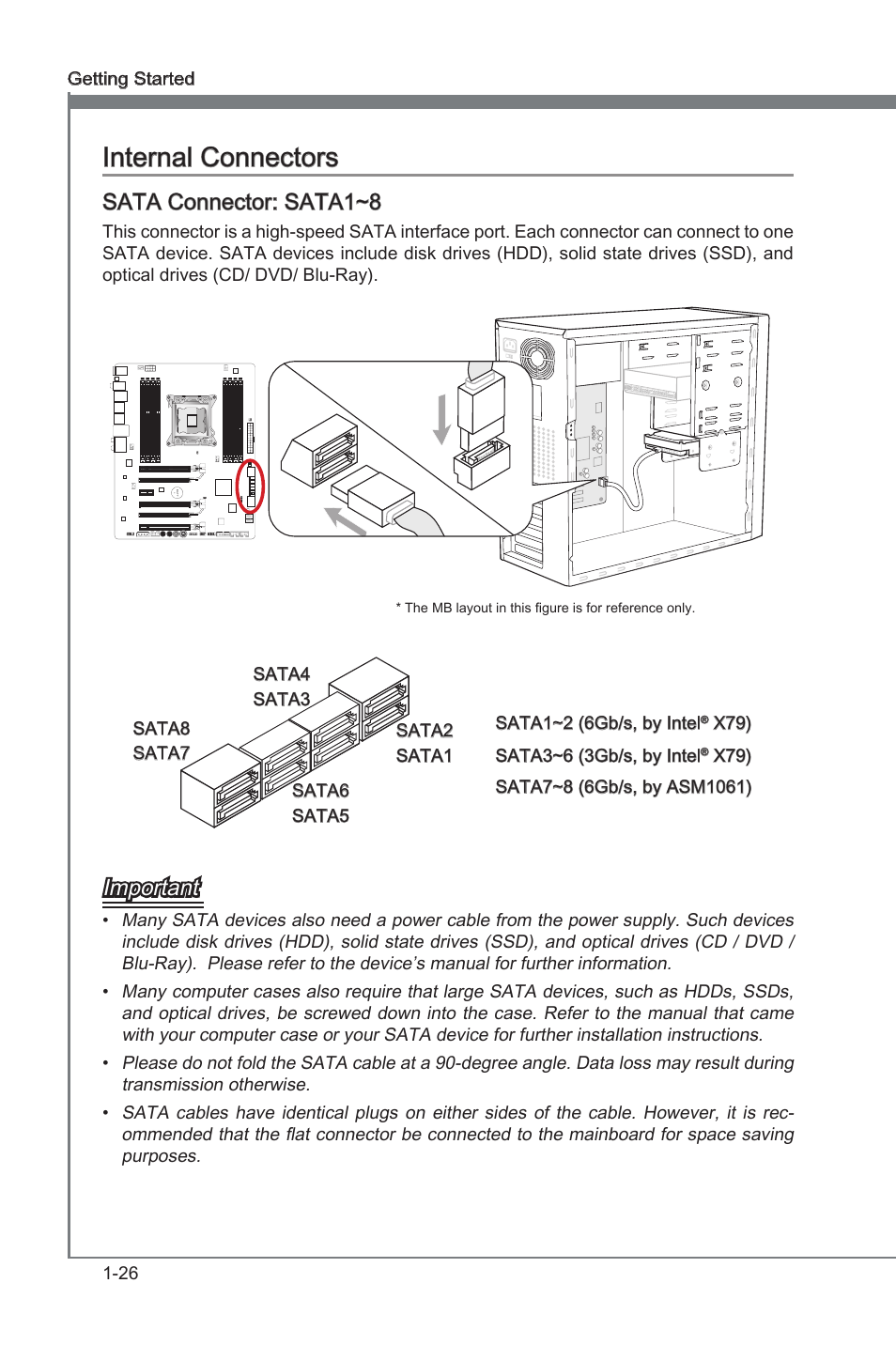 Sata connector: sata1~8, Internal connectors -26, Sata1, 2, 7, 8 | Sata3~6, Internal connectors, Important | MSI X79A-GD65 (8D) User Manual | Page 36 / 90