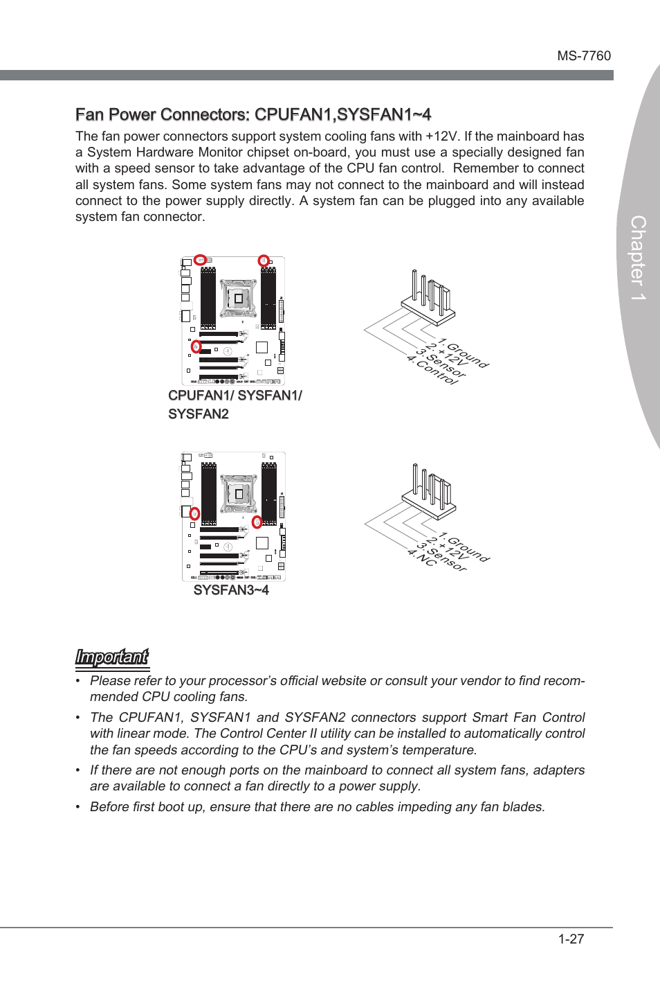 Fan power connectors: cpufan1,sysfan1~4, Cpufan1, Chapter 1 | Important | MSI X79A-GD65 (8D) User Manual | Page 37 / 90