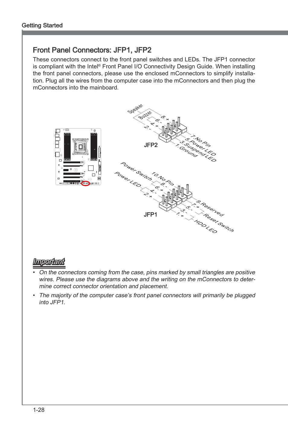 Front panel connectors: jfp1, jfp2, Important | MSI X79A-GD65 (8D) User Manual | Page 38 / 90