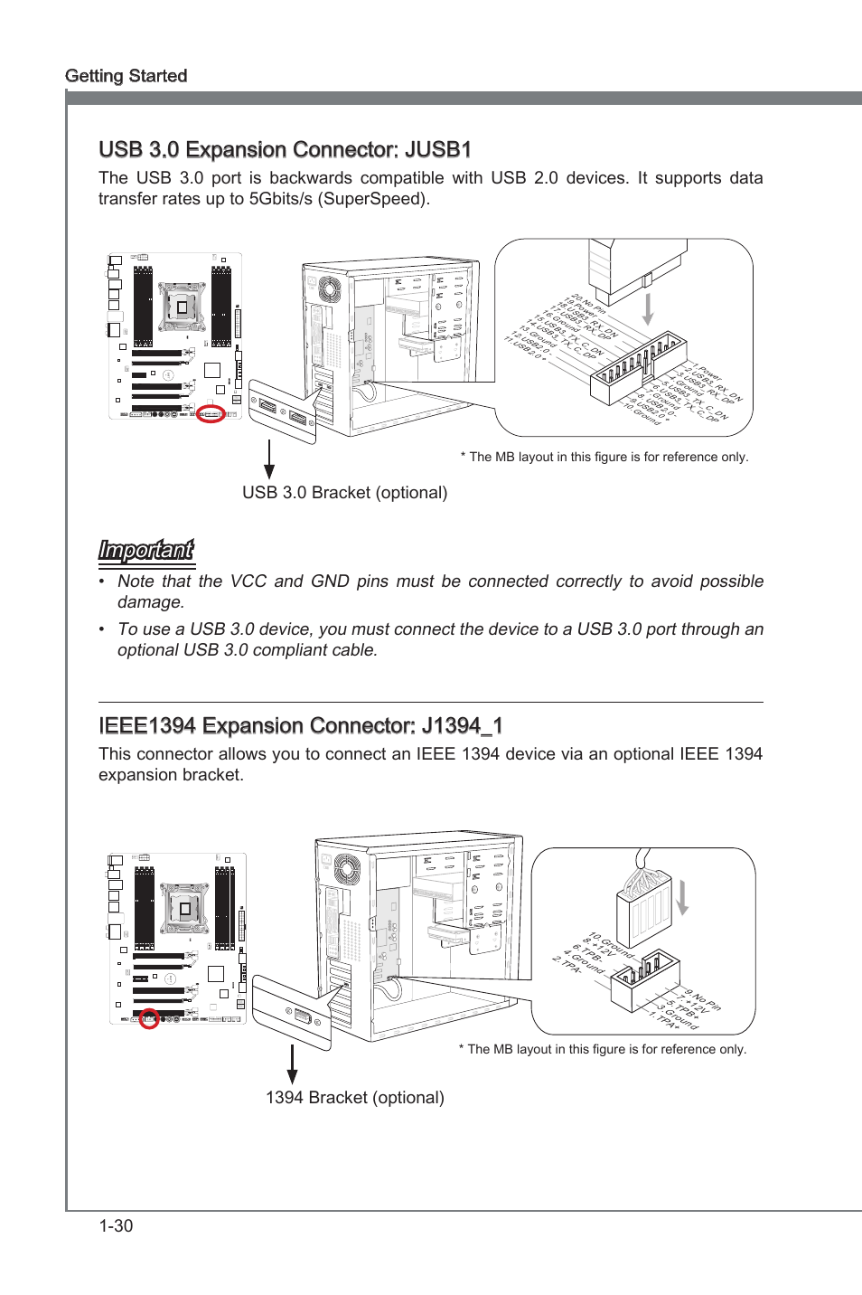 Usb 3.0 expansion connector: jusb1, Ieee1394 expansion connector: j1394_1, Jusb1 | J1394_1, Usb 3.0 expanson connector: jusb1, Important, 30 gettng started, Usb 3.0 bracket (optonal), 1394 bracket (optonal), 11 5 v | MSI X79A-GD65 (8D) User Manual | Page 40 / 90