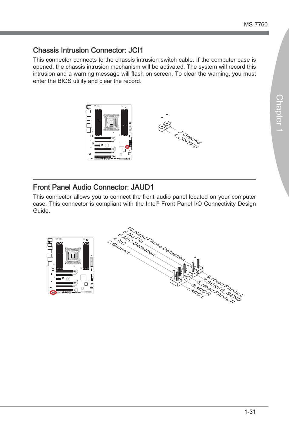 Chassis intrusion connector: jci1, Front panel audio connector: jaud1, Jaud1 | Chapter 1, Chasss intruson connector: jci1, Front panel audo connector: jaud1 | MSI X79A-GD65 (8D) User Manual | Page 41 / 90