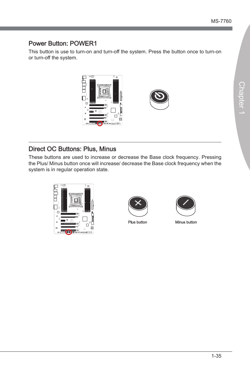 Power button: power1, Direct oc buttons: plus, minus, Chapter 1 | Drect oc buttons: plus, mnus | MSI X79A-GD65 (8D) User Manual | Page 45 / 90