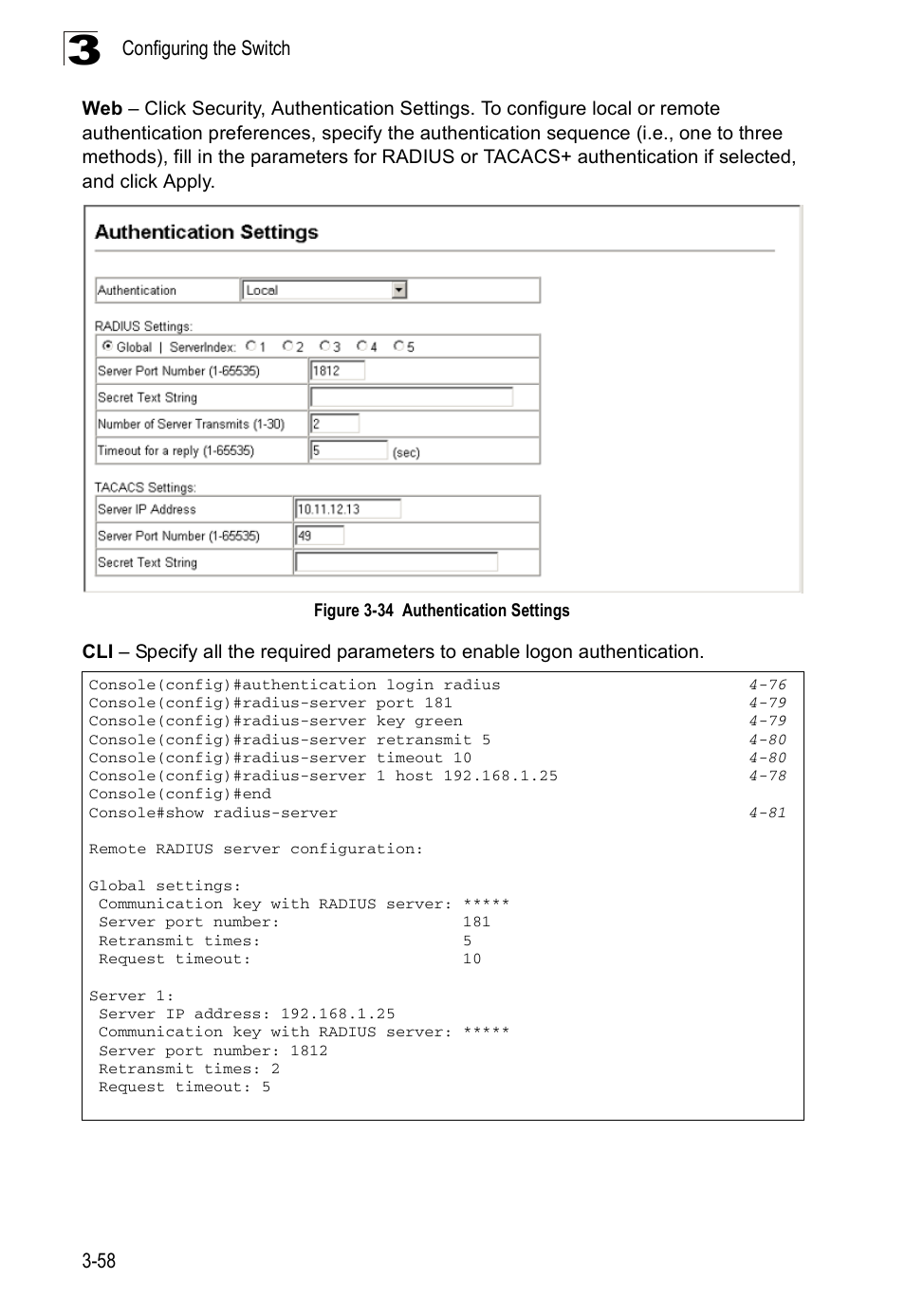 Figure 3-34 authentication settings | Accton Technology ES3526XA User Manual | Page 102 / 512