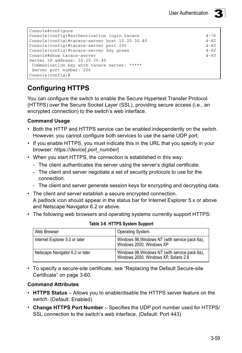 Configuring https, Table 3-6, Https system support | Accton Technology ES3526XA User Manual | Page 103 / 512