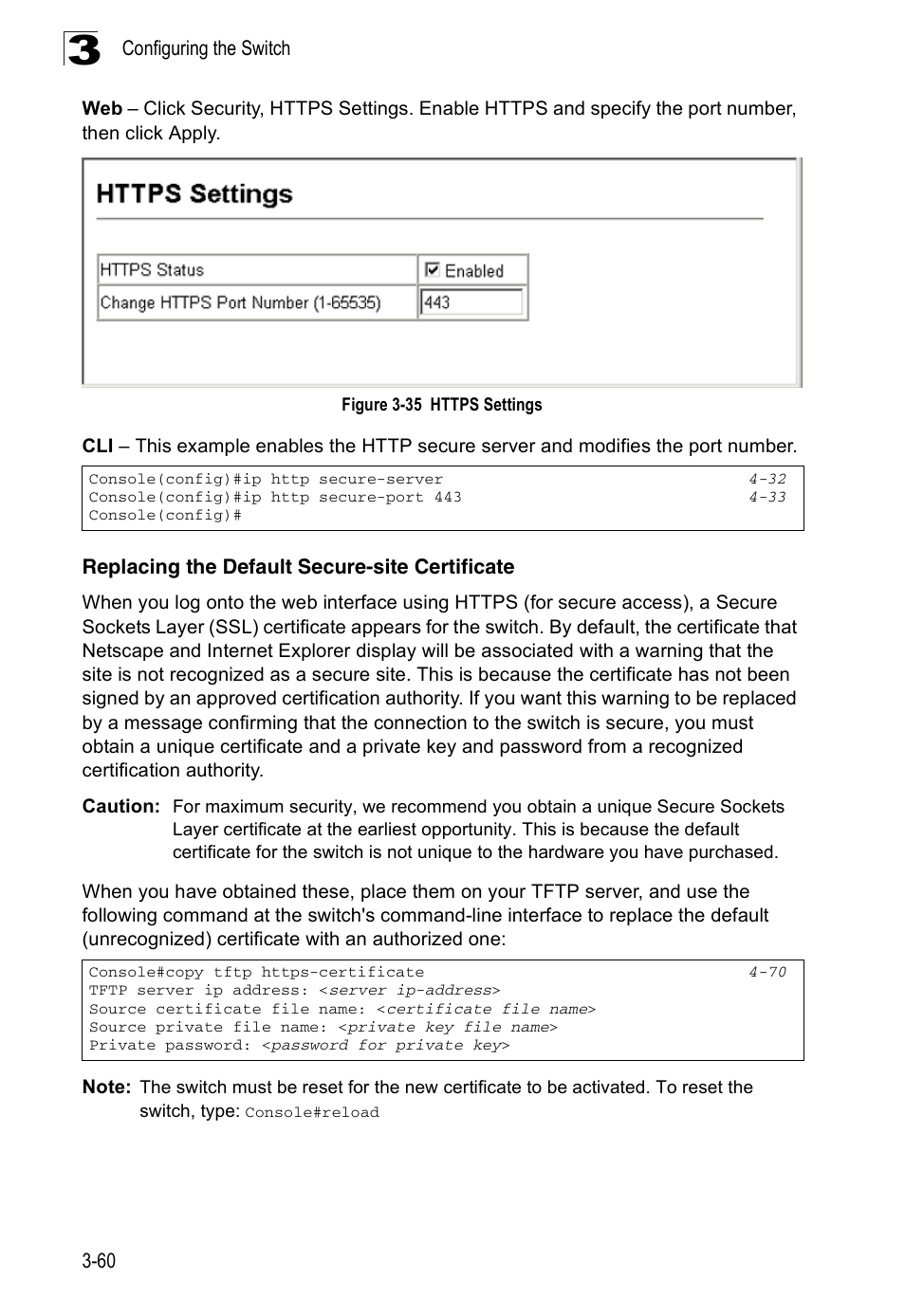 Replacing the default secure-site certificate, Figure 3-35 https settings, E “replacing the default secure-site | Accton Technology ES3526XA User Manual | Page 104 / 512