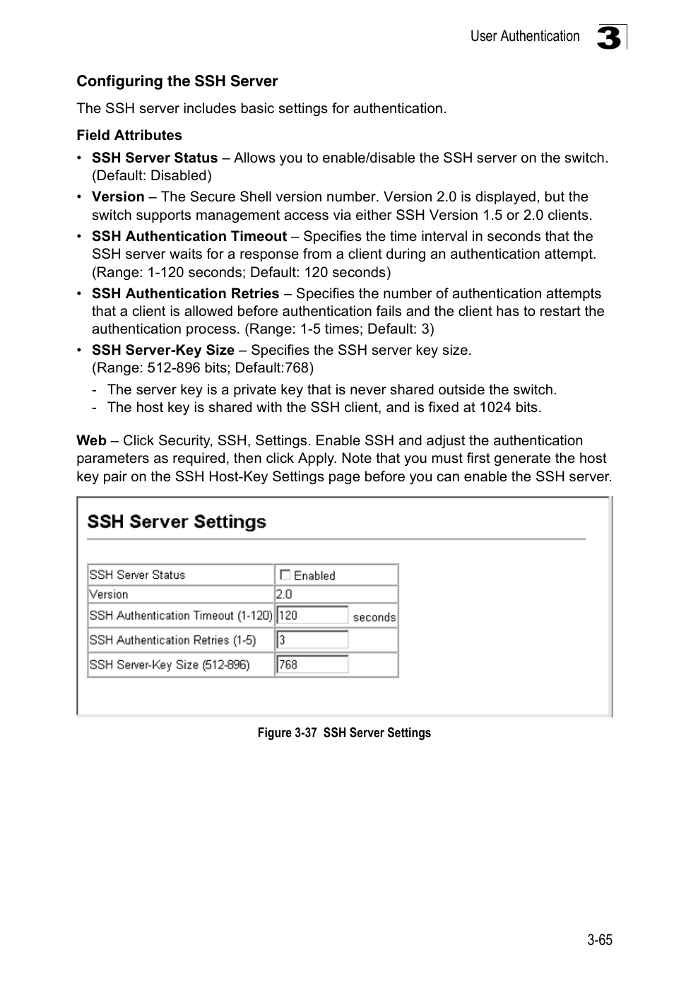 Configuring the ssh server, Figure 3-37 ssh server settings | Accton Technology ES3526XA User Manual | Page 109 / 512