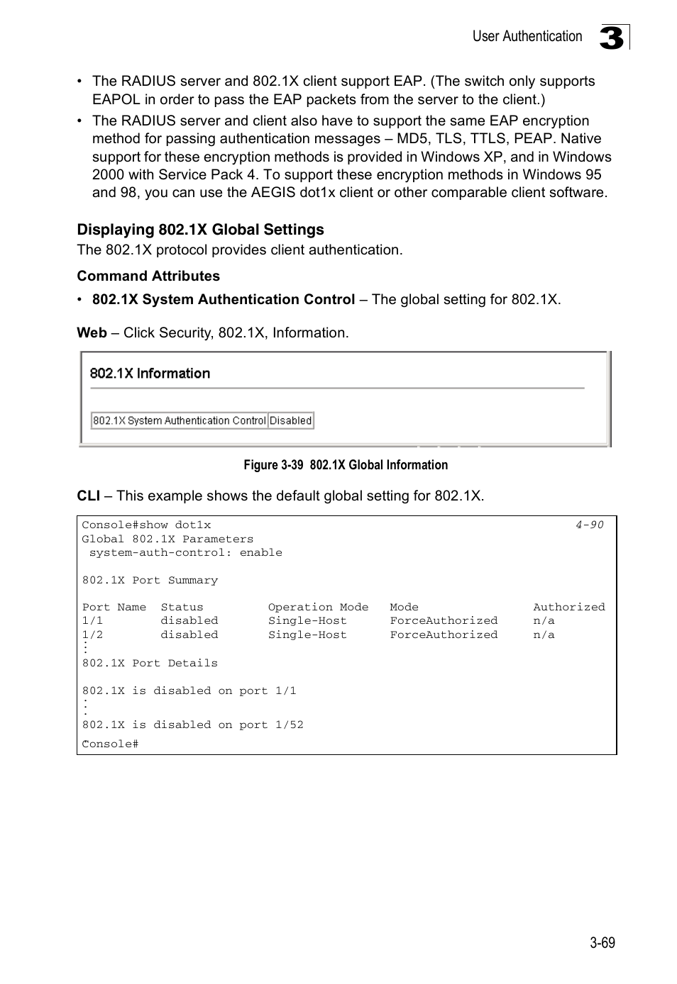 Displaying 802.1x global settings, Figure 3-39 802.1x global information | Accton Technology ES3526XA User Manual | Page 113 / 512