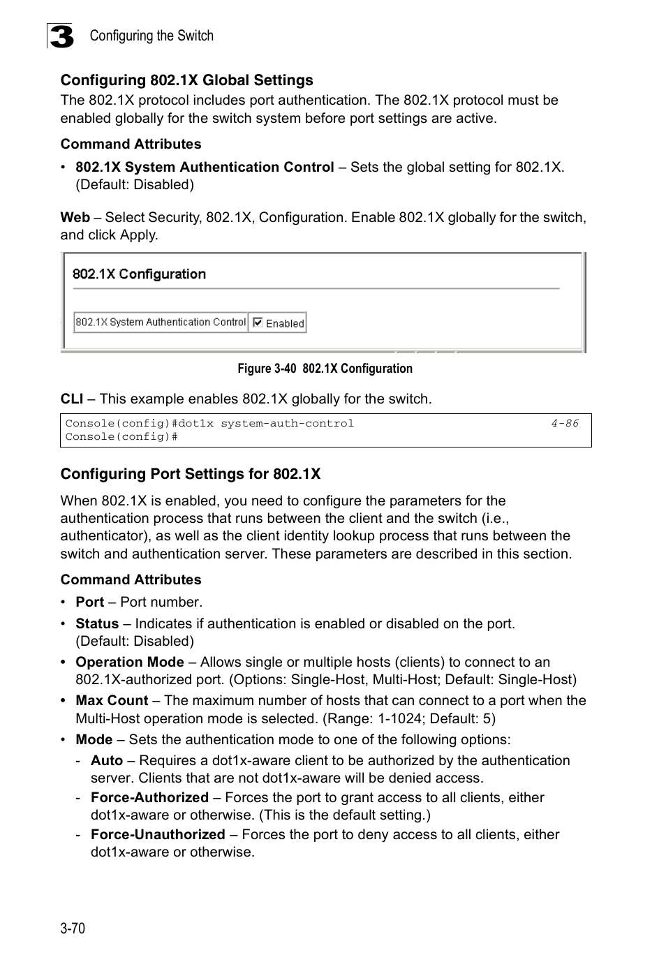 Configuring 802.1x global settings, Configuring port settings for 802.1x, Figure 3-40 802.1x configuration | Accton Technology ES3526XA User Manual | Page 114 / 512