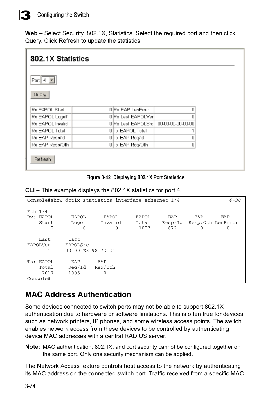 Mac address authentication, Figure 3-42 displaying 802.1x port statistics | Accton Technology ES3526XA User Manual | Page 118 / 512