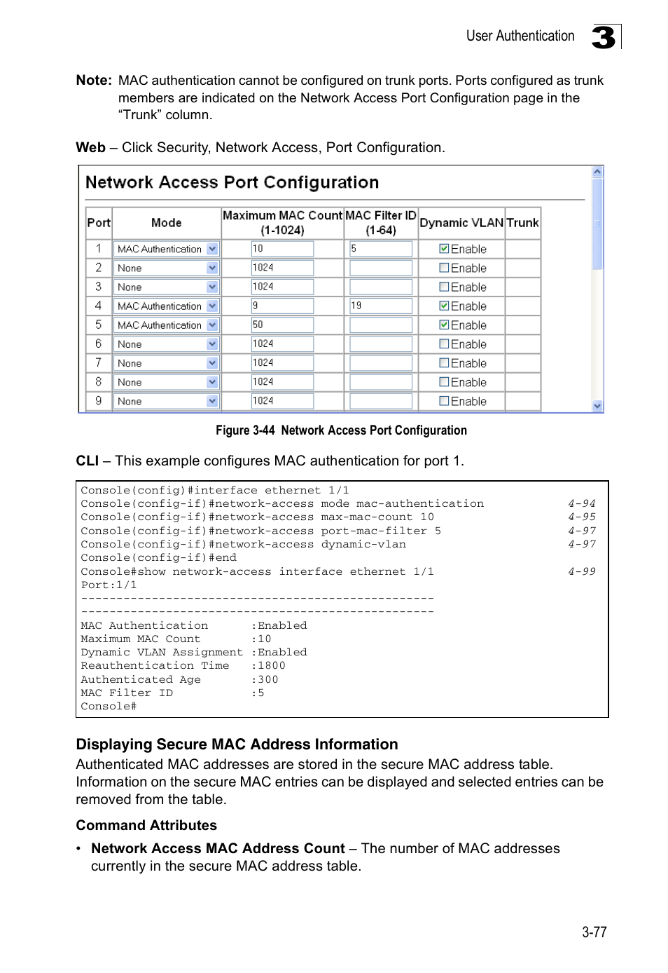Displaying secure mac address information, Figure 3-44, Network access port configuration | Accton Technology ES3526XA User Manual | Page 121 / 512