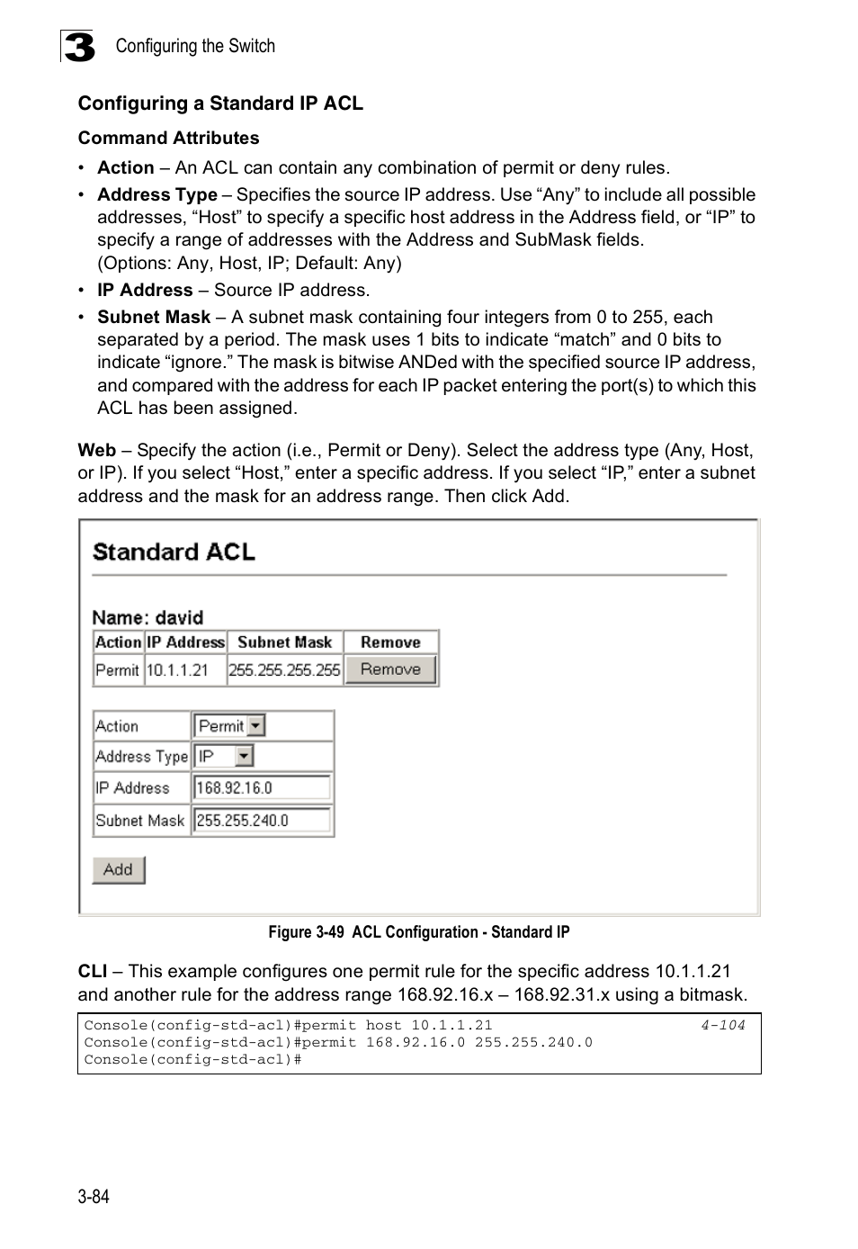 Configuring a standard ip acl, Figure 3-49, Acl configuration - standard ip | Accton Technology ES3526XA User Manual | Page 128 / 512