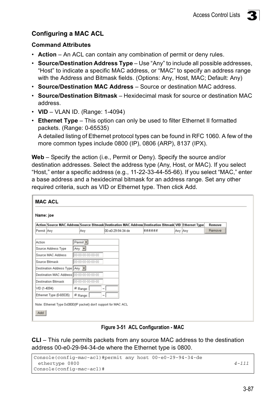 Configuring a mac acl, Figure 3-51, Acl configuration - mac | Accton Technology ES3526XA User Manual | Page 131 / 512