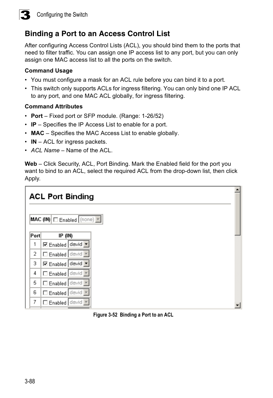 Binding a port to an access control list, Figure 3-52, Binding a port to an acl | Accton Technology ES3526XA User Manual | Page 132 / 512