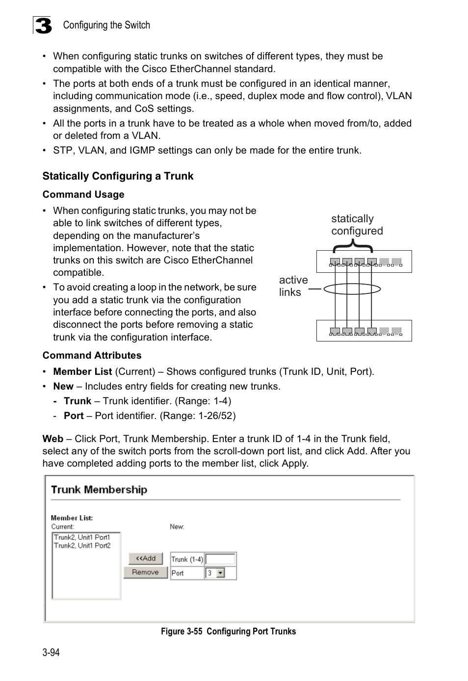 Statically configuring a trunk, Figure 3-55, Configuring port trunks | Accton Technology ES3526XA User Manual | Page 138 / 512