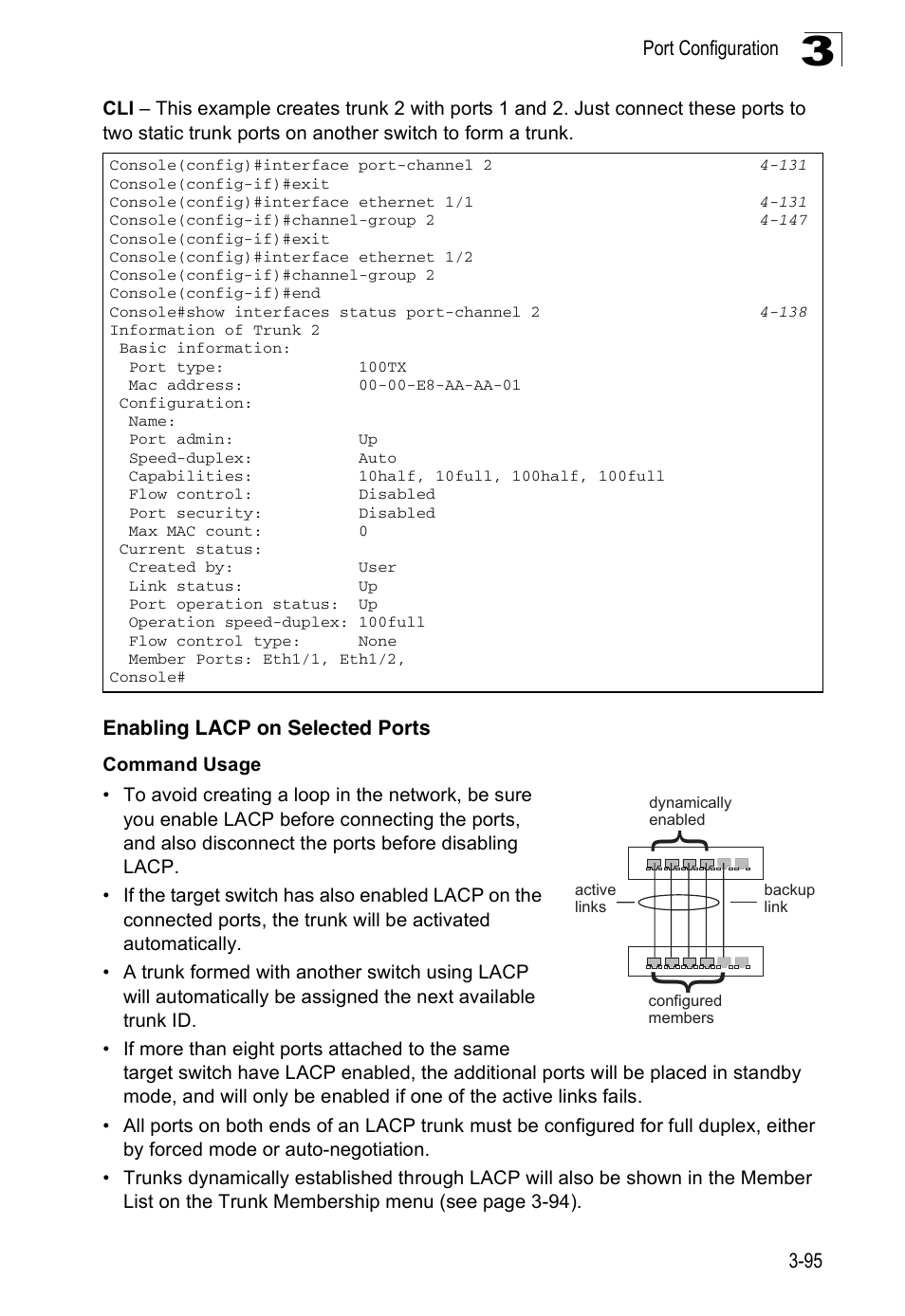 Enabling lacp on selected ports, Nd 3-95) | Accton Technology ES3526XA User Manual | Page 139 / 512