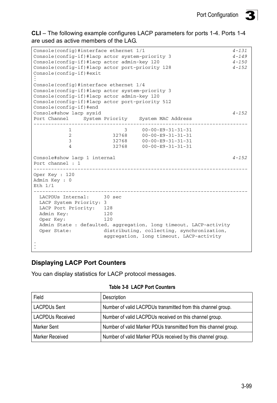 Displaying lacp port counters, Table 3-8, Lacp port counters | Accton Technology ES3526XA User Manual | Page 143 / 512