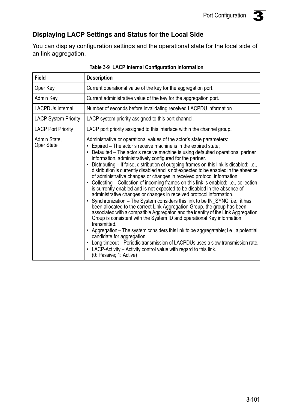 Table 3-9, Lacp internal configuration information | Accton Technology ES3526XA User Manual | Page 145 / 512