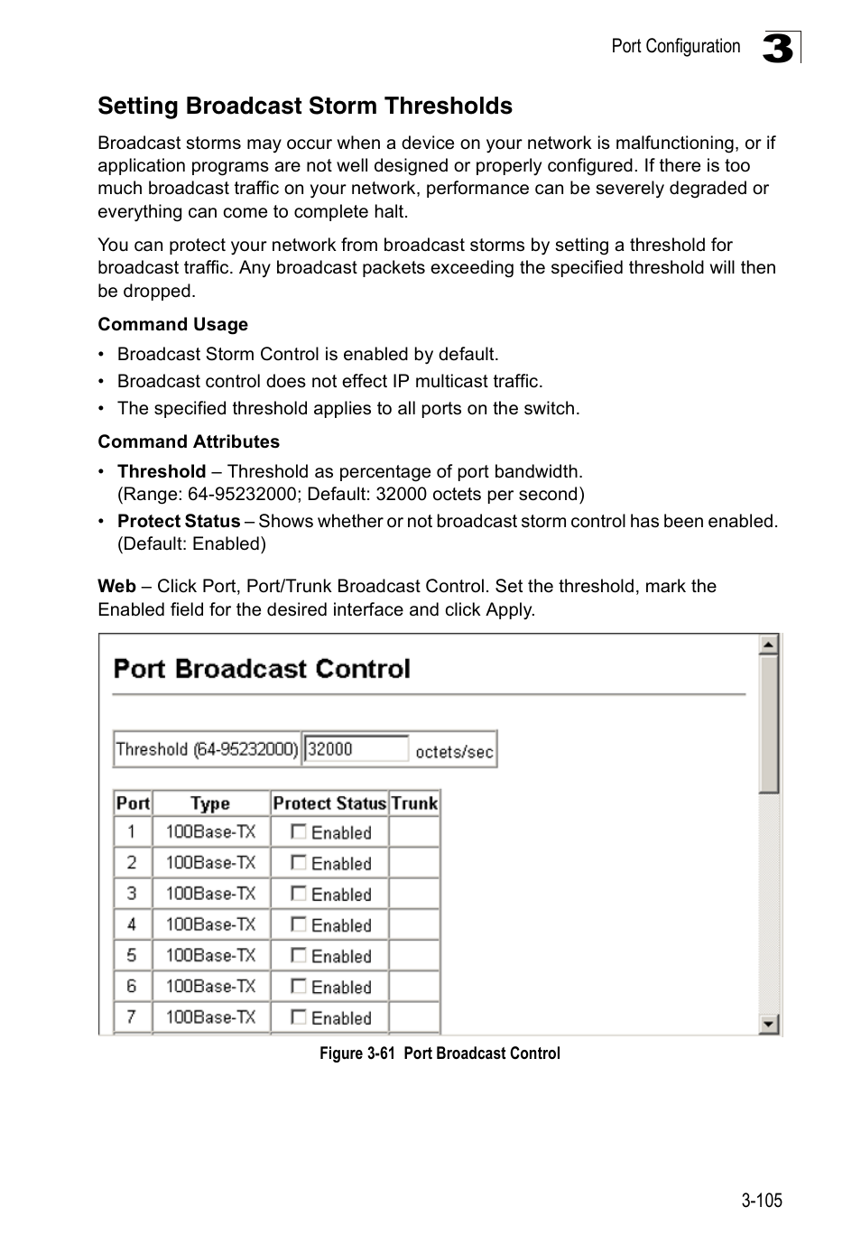 Setting broadcast storm thresholds, Figure 3-61, Port broadcast control | Accton Technology ES3526XA User Manual | Page 149 / 512