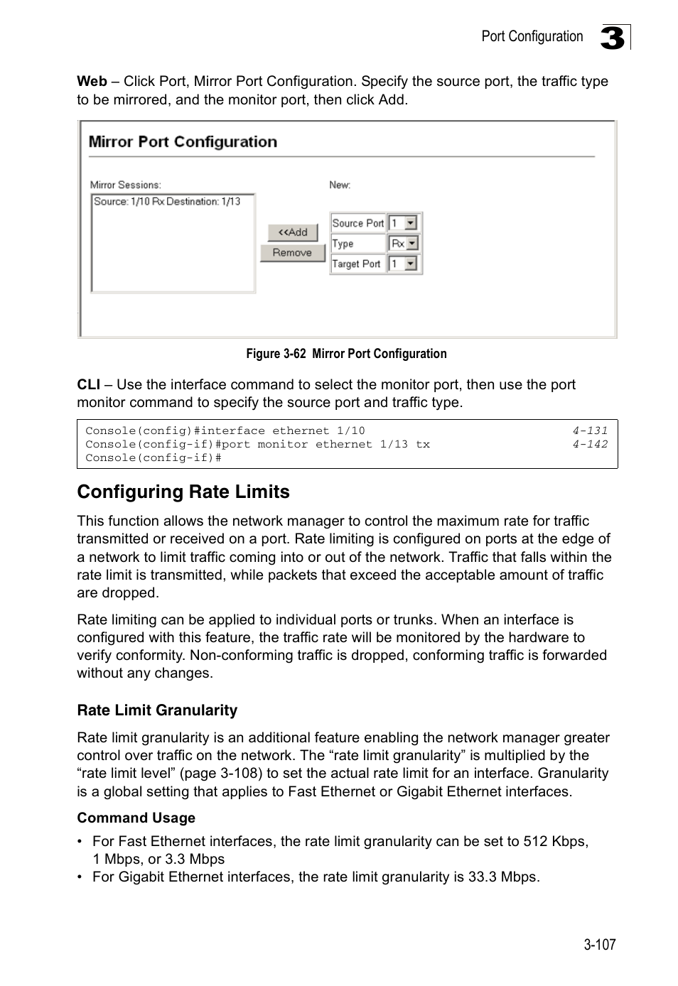 Configuring rate limits, Rate limit granularity, Figure 3-62 | Mirror port configuration | Accton Technology ES3526XA User Manual | Page 151 / 512