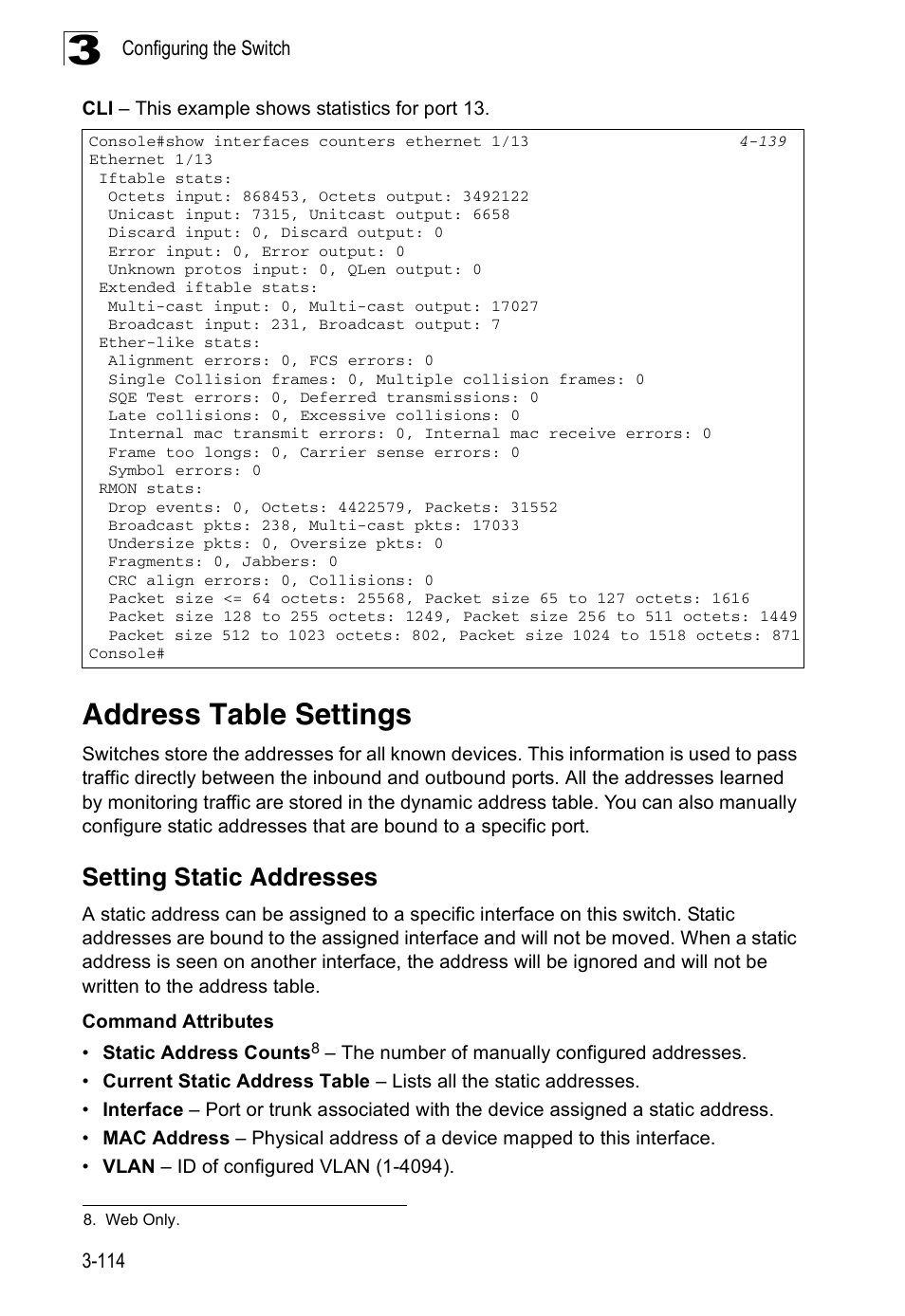Address table settings, Setting static addresses | Accton Technology ES3526XA User Manual | Page 158 / 512