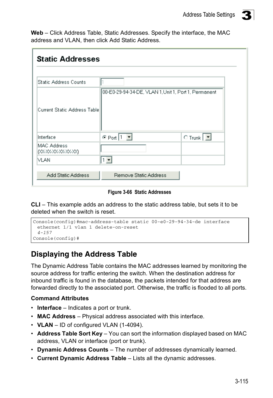 Displaying the address table, Figure 3-66, Static addresses | Accton Technology ES3526XA User Manual | Page 159 / 512