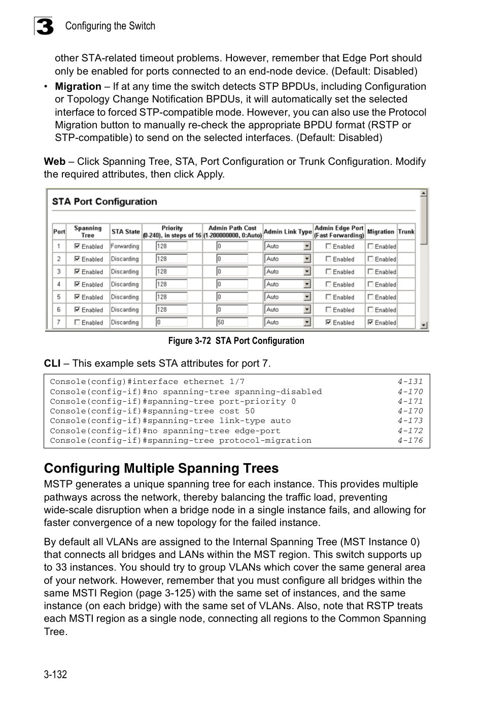 Configuring multiple spanning trees, Figure 3-72, Sta port configuration | Accton Technology ES3526XA User Manual | Page 176 / 512