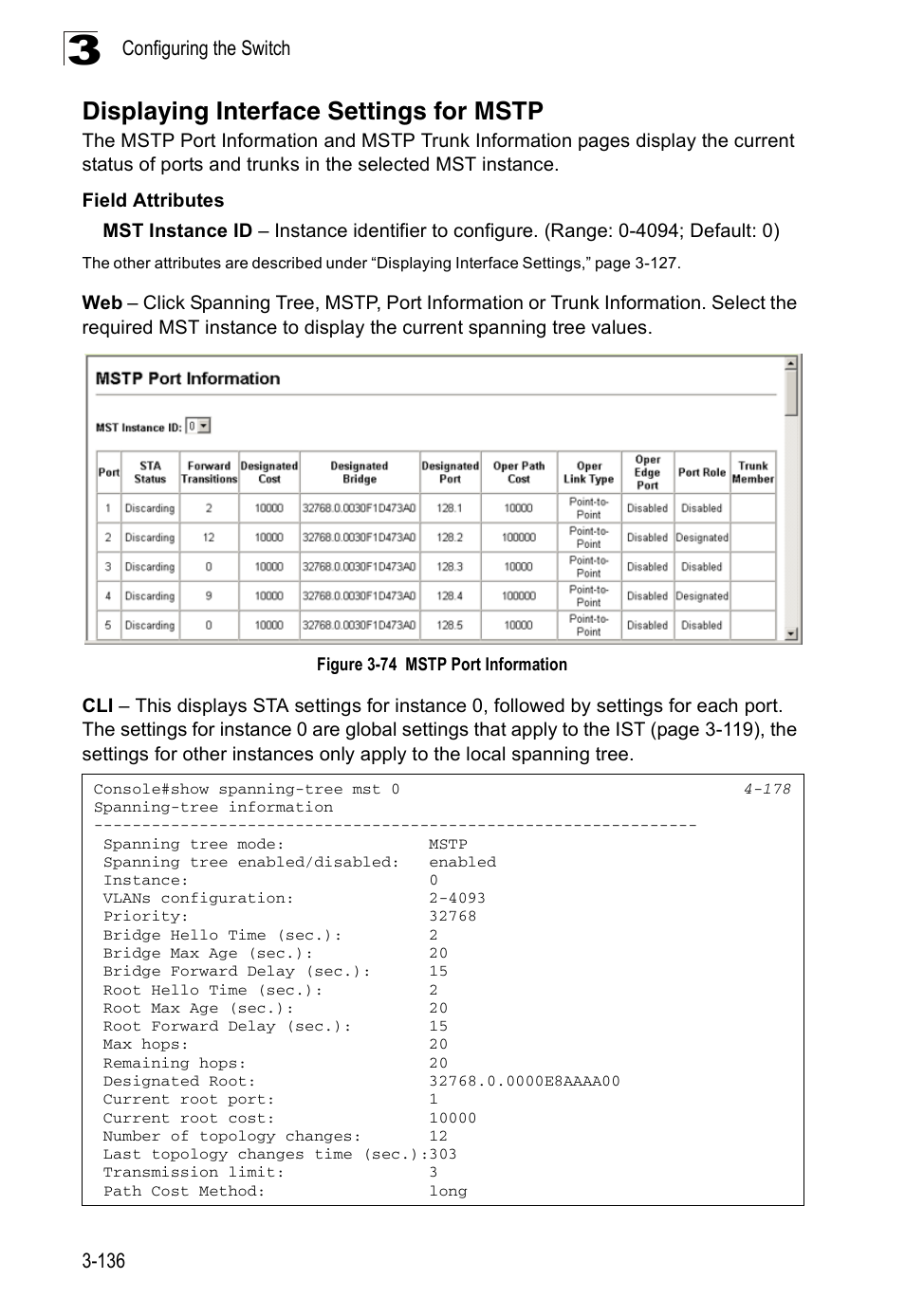 Displaying interface settings for mstp, Figure 3-74, Mstp port information | Accton Technology ES3526XA User Manual | Page 180 / 512