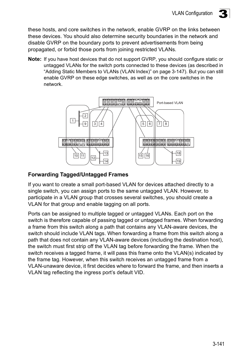 Vlan configuration 3-141, Forwarding tagged/untagged frames | Accton Technology ES3526XA User Manual | Page 185 / 512