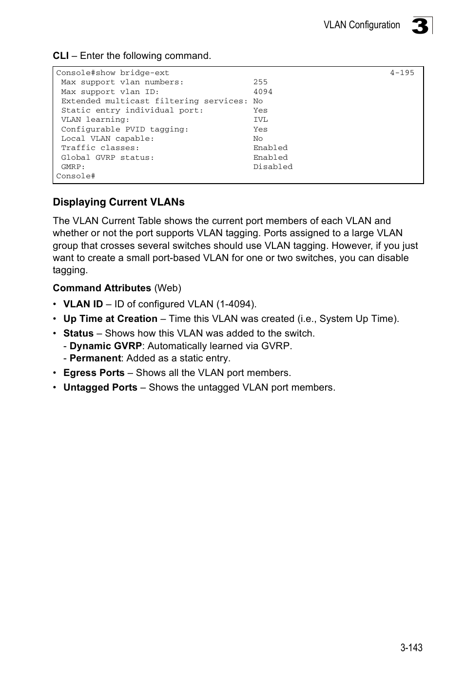 Displaying current vlans | Accton Technology ES3526XA User Manual | Page 187 / 512