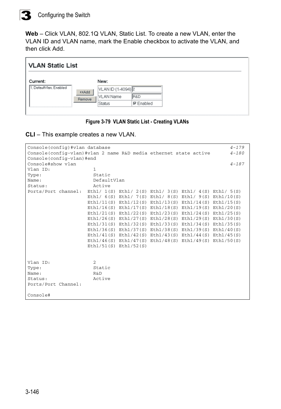 Figure 3-79, Vlan static list - creating vlans | Accton Technology ES3526XA User Manual | Page 190 / 512