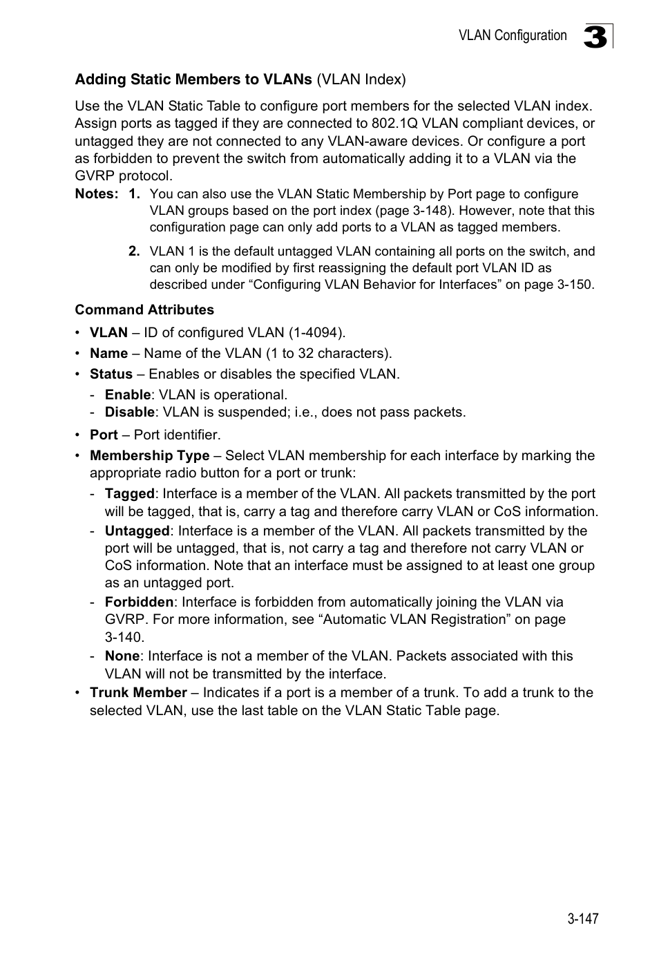 Adding static members to vlans (vlan index) | Accton Technology ES3526XA User Manual | Page 191 / 512