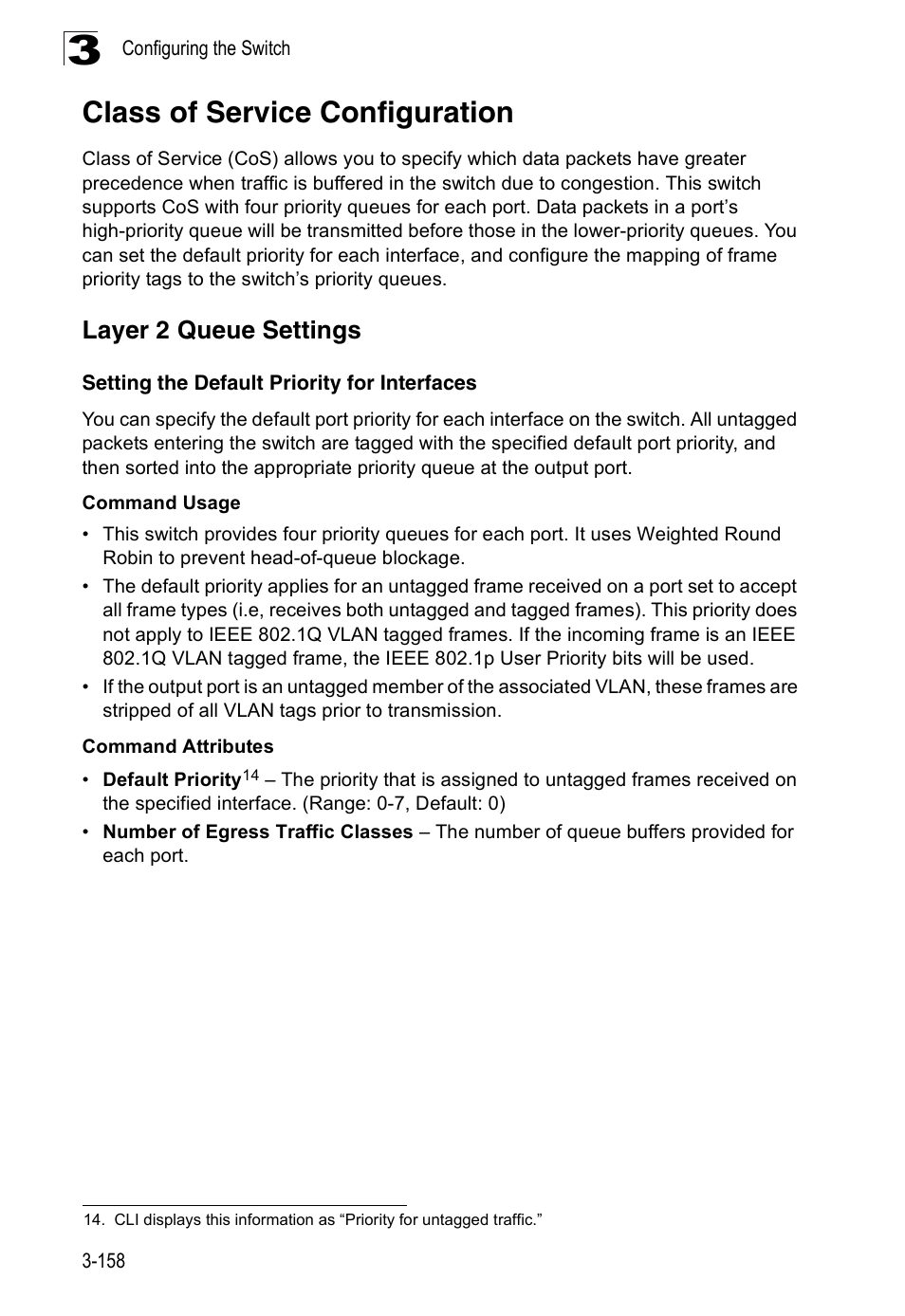 Class of service configuration, Layer 2 queue settings, Setting the default priority for interfaces | Accton Technology ES3526XA User Manual | Page 202 / 512