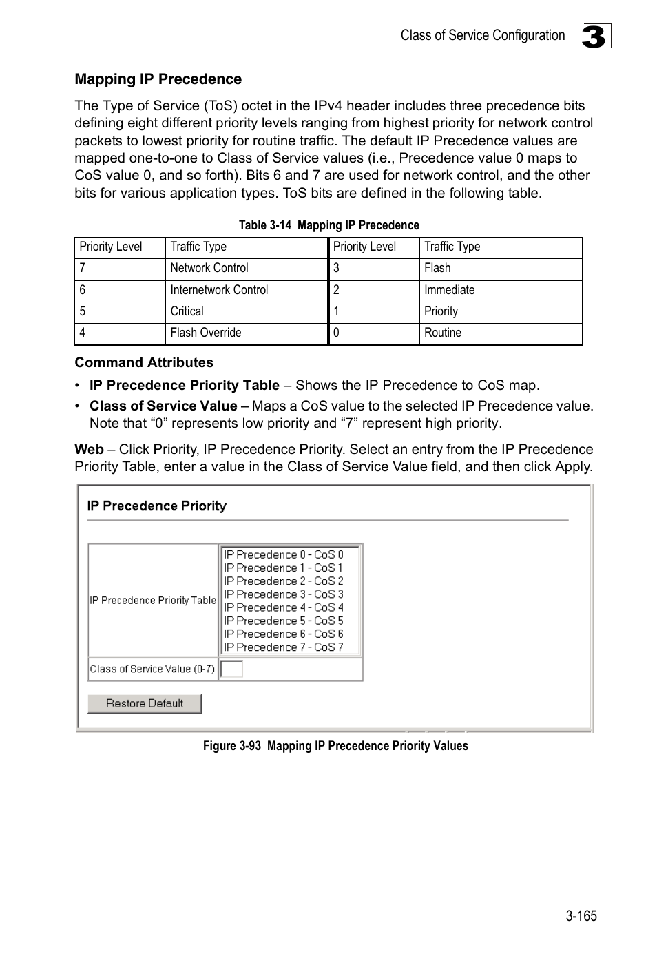 Mapping ip precedence, Table 3-14, Figure 3-93 mapping ip precedence priority values | Accton Technology ES3526XA User Manual | Page 209 / 512