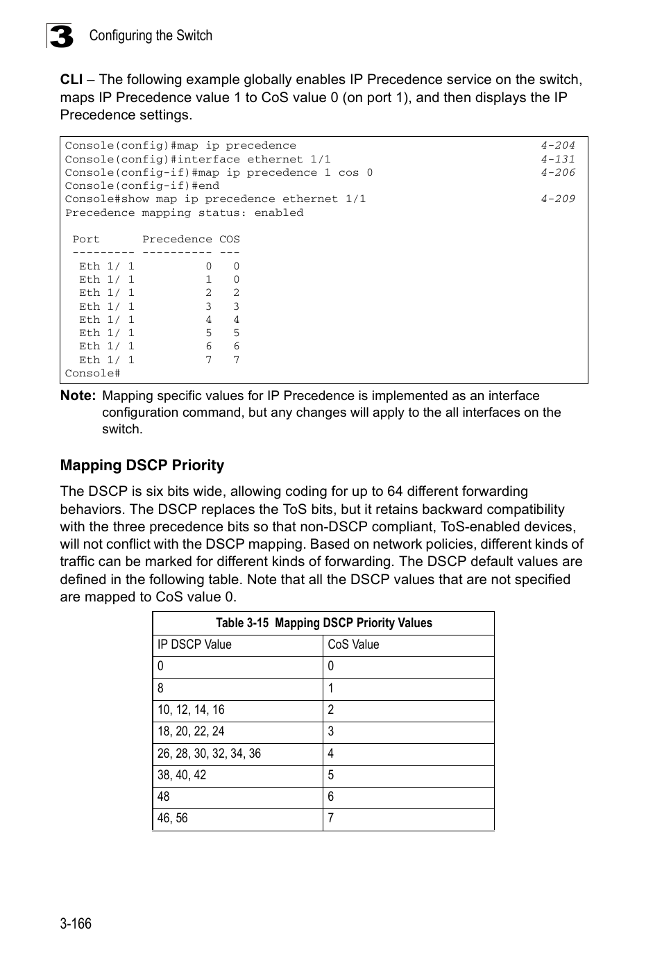 Mapping dscp priority, Table 3-15, Mapping dscp priority values | Accton Technology ES3526XA User Manual | Page 210 / 512