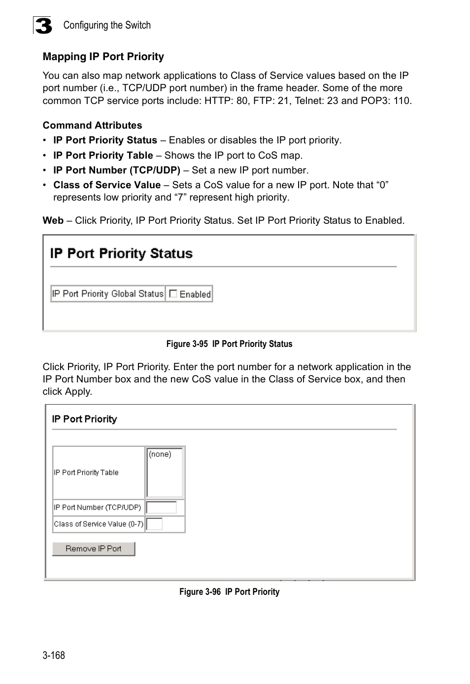 Mapping ip port priority, Figure 3-95 ip port priority status, Figure 3-96 ip port priority | Accton Technology ES3526XA User Manual | Page 212 / 512