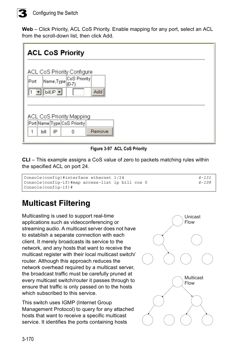 Multicast filtering, Figure 3-97 acl cos priority | Accton Technology ES3526XA User Manual | Page 214 / 512